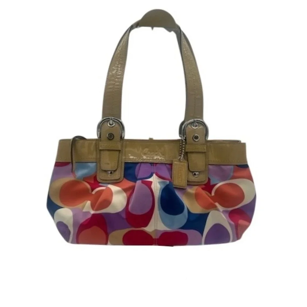 Y2K‎ Coach Satchel Purse Logo Op Art Print Patent Leather Trim Designer Handbag
